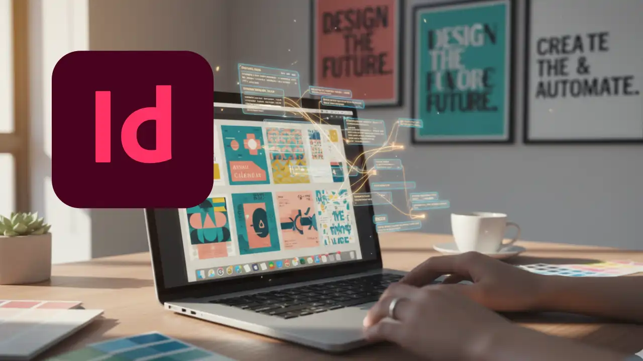 nterfaz del script para crear calendarios en InDesign que automatiza el flujo de trabajo. y Resultado de un calendario profesional generado con el script GoLarmaries para InDesign.